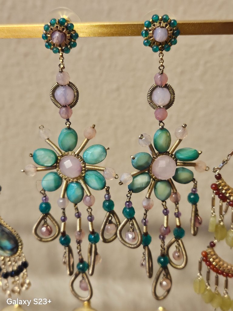 Rare Designer Miguel Ases Green Flower Stone Beaded Chandelier Drop Earrings